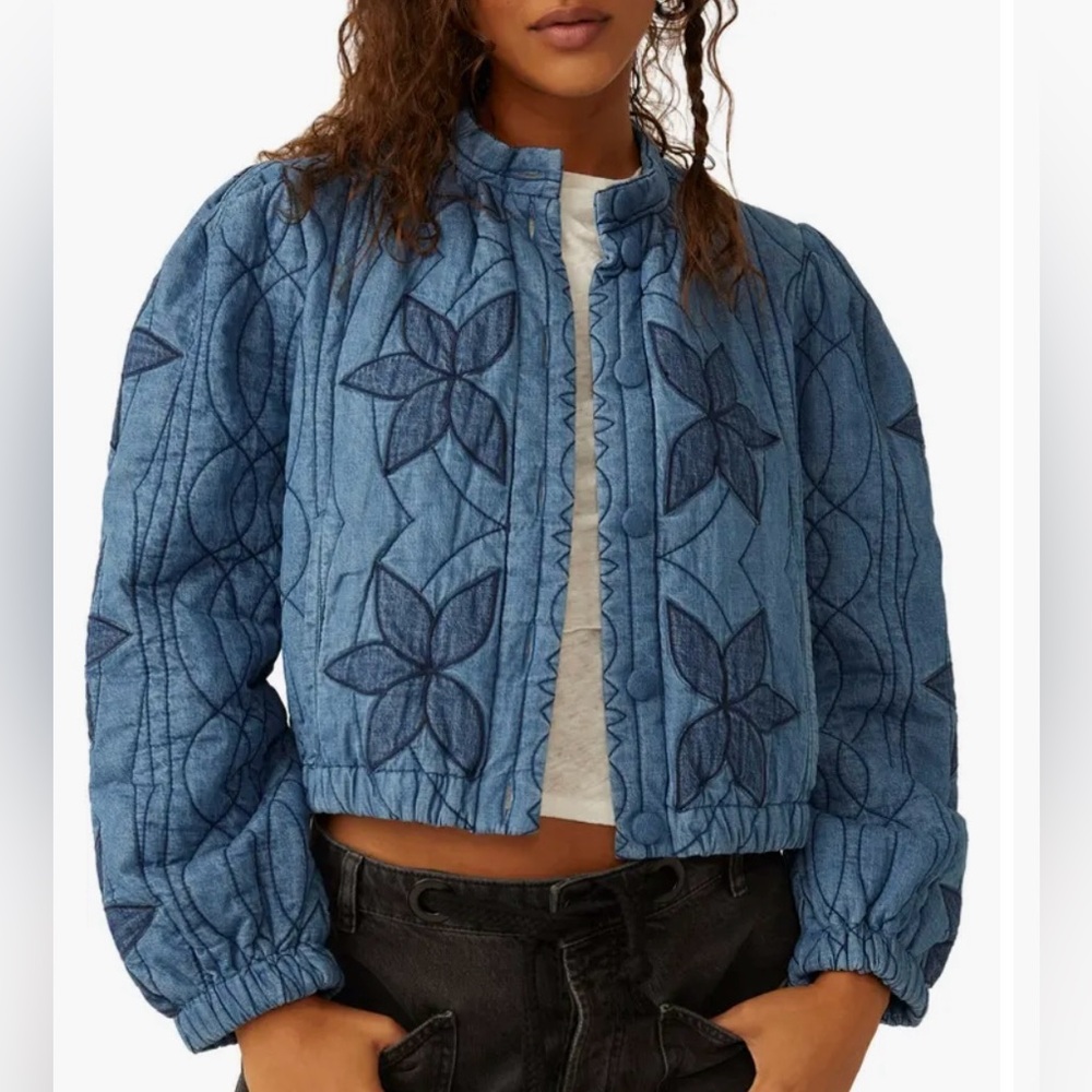 Free People Blue Quilted Floral Puffer Jacket